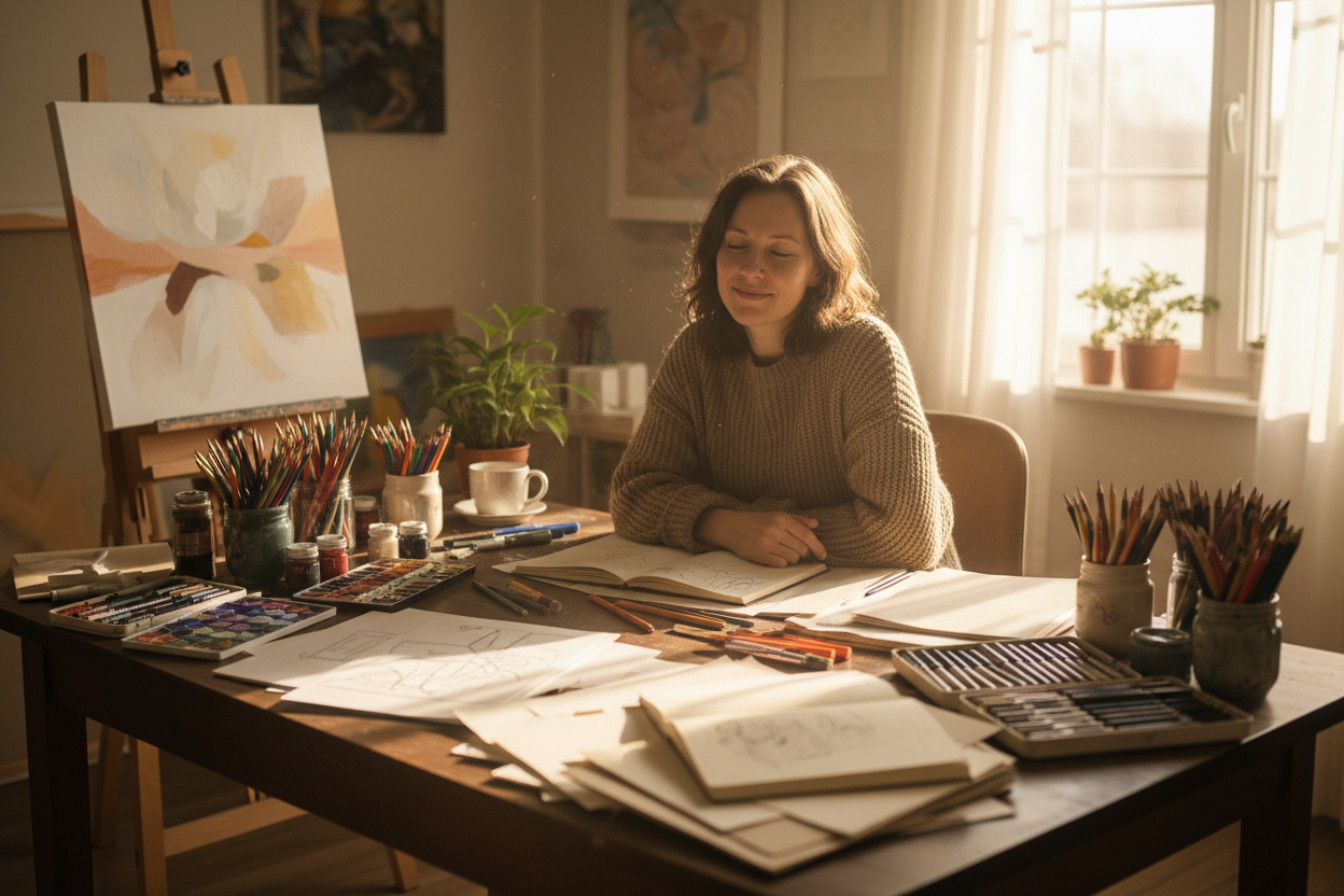 Adult at a desk with art supplies looking happy and calm